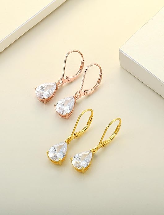 YL 925 Sterling Silver Teardrop Dangle Drop Earrings for Women 7x10 MM Solitaire Birthstone Leverback Jewelry