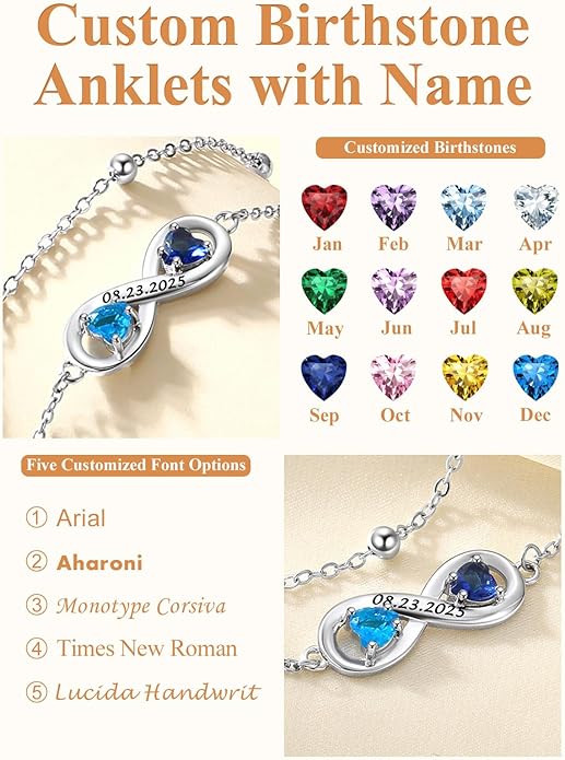 Custom4U Personalized Infinity Ankle Bracelets for Women 925 Sterling Silver Anklet Bracelet Endless Love Symbol Birthstone Charm Adjustable Foot Chain Jewelry Mothers Day Gifts for Mom Wife Women Her