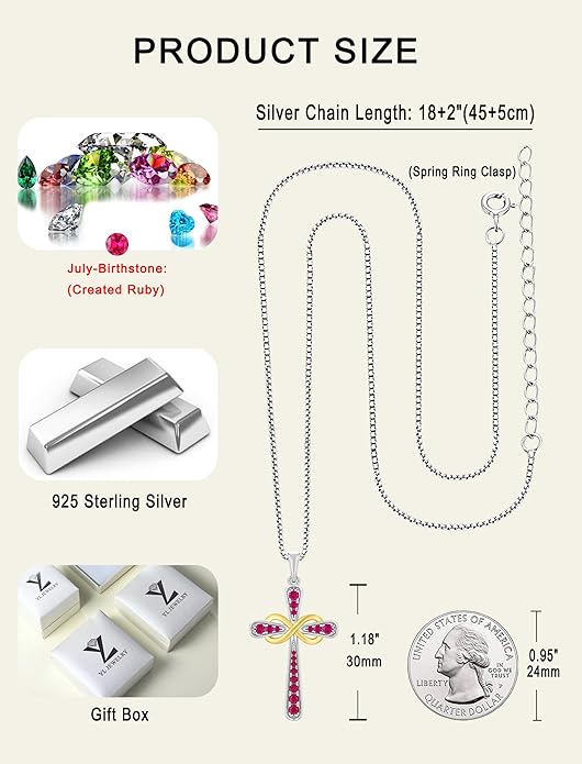 YL 925 Sterling Silver Cross Necklace for Women Halo Infinity Pendant Birthstone Jewelry for Mom