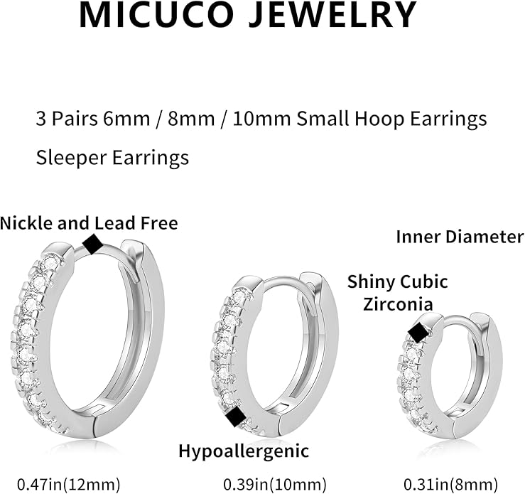 micuco 3 Pairs Small Hoop Earrings Tiny Cartilage Earrings for Women Cubic Zirconia Earrings Huggie Hoop Ear Piercing Earrings for Men 8mm 10mm 12mm