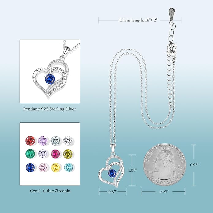 Heart Birthstone Silver Necklace for Women, S925 Sterling Silver Pendant Necklace Birthday Jewelry Gifts for Her Mother Mom Wife Girlfriend
