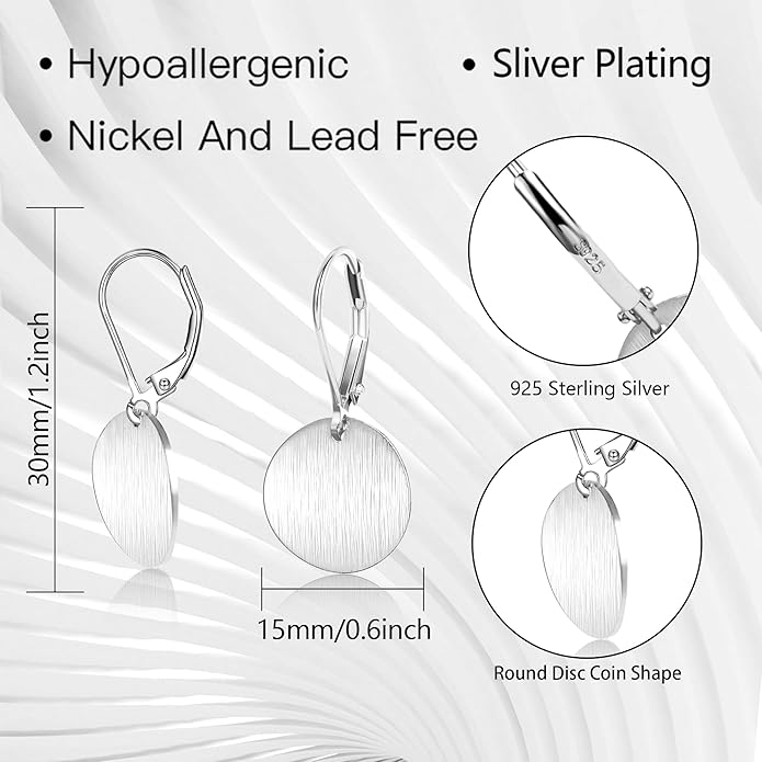14K Gold Dangle Earrings for Women，Lightweight Circle Disc Coin Geometric Flat Brushed Drop Earrings, Hypoallergenic Leverback Earrings S925 Jewelry