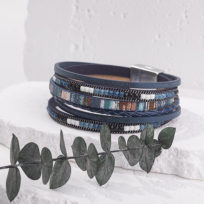 FANCY SHINY Boho Leather Wrap Bracelets Trendy Layered Bracelets with Magnetic Clasp Strackable Bohemian Jewelry Gifts for Women