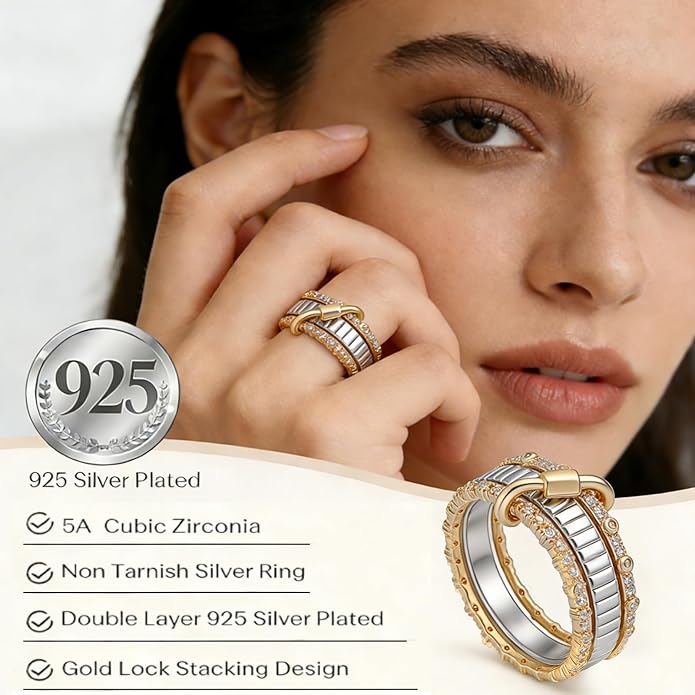 GT YIFU Statement Rings for Women, 18k Gold Plated Stackable Cubic Zirconia Rings, Silver Gold Multi Ring Mixed Metals Stackable Ring Set for Women Non Tarnish