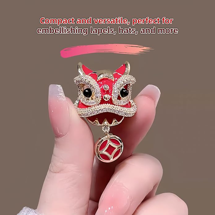 Chinese Lion Dance Brooch, Vintage Enamel Floral & Cat Eye Pearl Adjustable Lapel Pin for Women & Men – Traditional Asian Style Awakening Lion Brooch for Jacket, Blazer, Scarf, Qipao, Wedding, Festival Gift (Gold/Red/Blue)