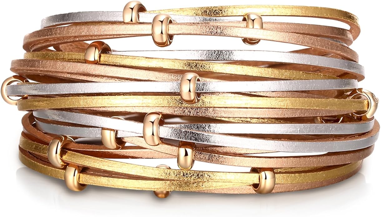 Fesciory Leather Wrap Bracelets for Women, Boho Leopard Multi-Layer Crystal Beads Cuff Bracelet Jewelry