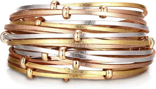 Fesciory Leather Wrap Bracelets for Women, Boho Leopard Multi-Layer Crystal Beads Cuff Bracelet Jewelry