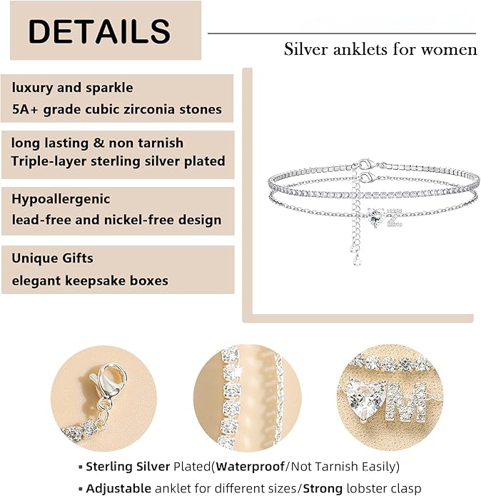 Heart Initial Silver Anklets for Women Waterproof Dainty Silver Plated ankle bracelets for women Large Ankle Women's Anklets Tennis ankle bracelets Non Tarnish Summer Beach Foot Jewelry