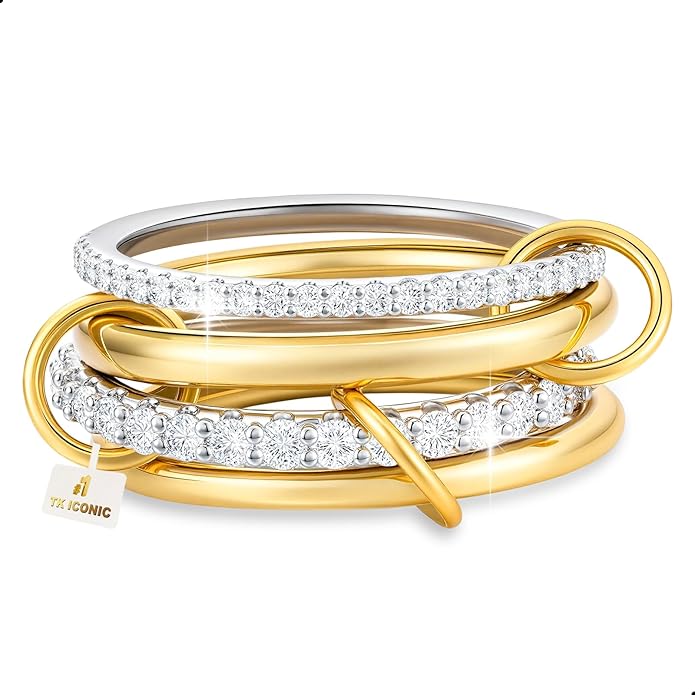 18K Gold plated Stackable Rings For Women Silver And Gold Stackable Ring Set Cubic Zircon Mixed Metal Rings For Engagement Wedding Birthday Valentine's Day Mother's Day Gift
