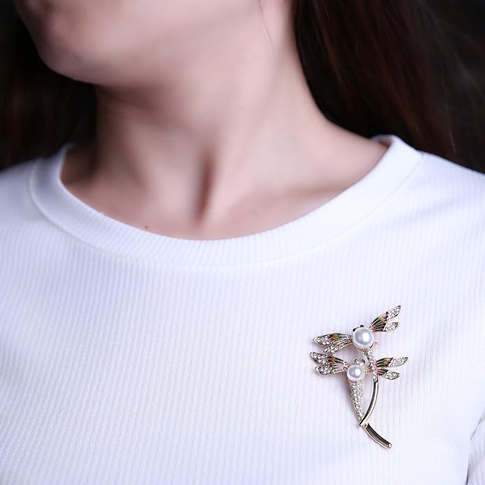 AILUOR Elegant Dragonfly Brooch Pins, Gold Tone Austrian Crystal Colorful Enamel Double Dragonfly Simulated Pearl Rhinestone Brooch Jewelry