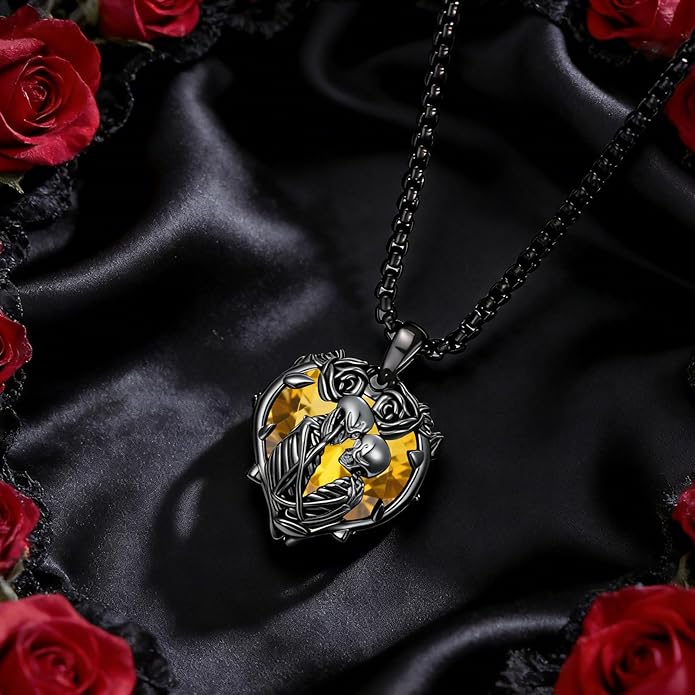 Flpruy 925 Sterling Silver Black Gothic Jewelry Gifts Skeleton Couple Pendant Crystal Birthstone Heart Necklace Punk Romantic Jewelry for Lover Men Women