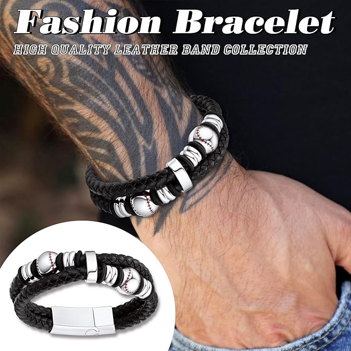 Bestyle Genuine Men Leather Bracelets Fashion Stainless Steel Celtic/Sport Ball Bead Cuff Wirstband Bracelets for Men, Size 7.5/8.3/9.1Inch