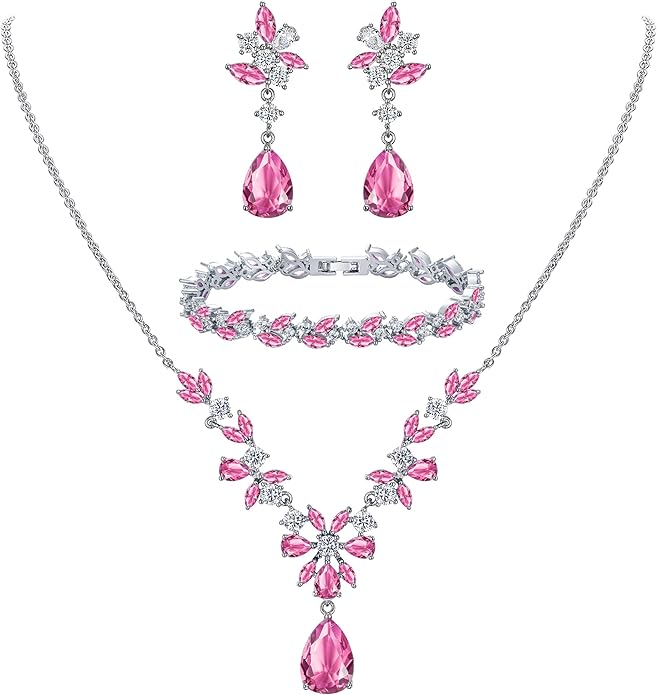 EleQueen Women's Wedding Bridal Jewelry Set for Brides Bridesmaids, Silver/14K Gold/Rose Gold Plated Cubic Zirconia Teardrop Necklace Dangle Earrings Bracelet Sets for Party Prom