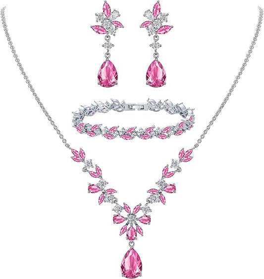 EleQueen Women's Wedding Bridal Jewelry Set for Brides Bridesmaids, Silver/14K Gold/Rose Gold Plated Cubic Zirconia Teardrop Necklace Dangle Earrings Bracelet Sets for Party Prom