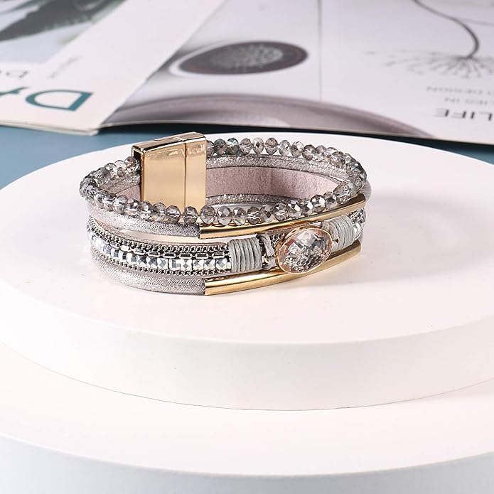 FANCY SHINY Leather Wrap Bracelets Crystal Beads Bracelet Boho Cuff Stone Charm Bracelets with Clasp Costume Jewelry for Women