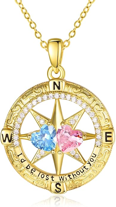 Zeuslia Double Birthstone Necklace Gifts for Wife - 925 Sterling Silver Sunflower/Rose/Crown Cross/Compass/Heart Pendant I Love You Necklace, Anniversary Birthday Gifts for Wife Girlfriend Mom Her