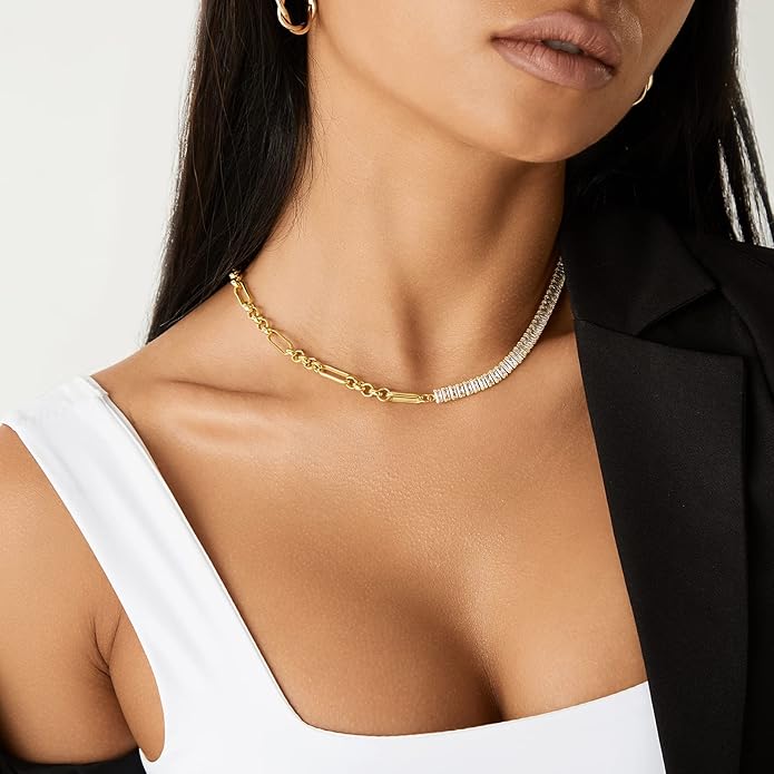 KissYan Diamond Tennis Necklace for Women, 14K/White Gold Plated Cubic Zirconia Baguette Tennis Chain Chunky Paperclip Link Cuban Choker Necklace Dainty Jewelry Gifts