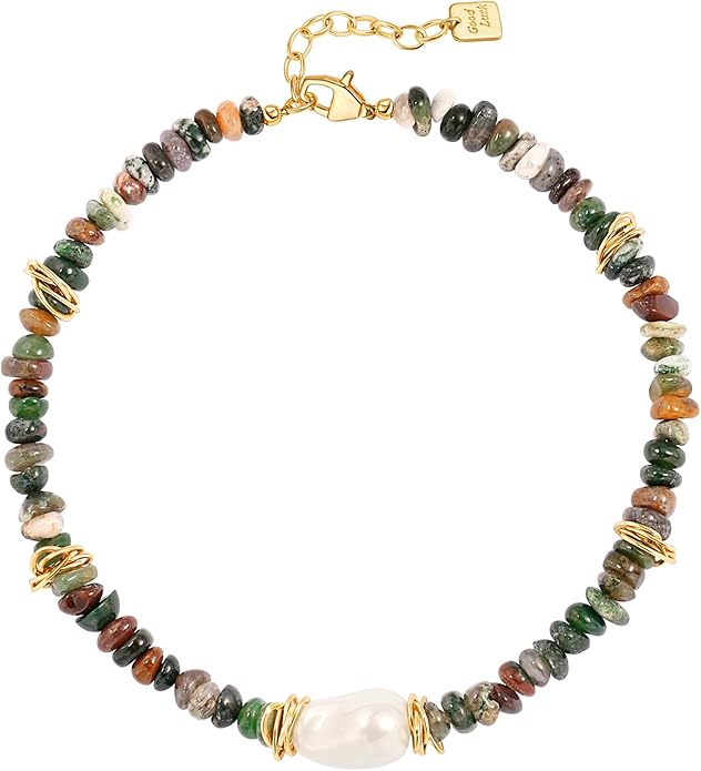 Chunky Statement Stone Beaded Necklace, Big Baroque Pearl Gold Choker, Trendy Boho Colorful Stone Jewelry