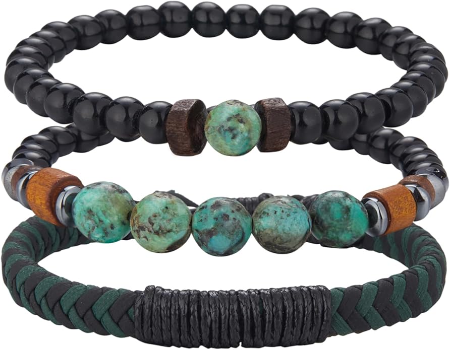 3pc Mens Beaded Bracelets Silver Stainless Steel Chain Bracelet for Men Handmade Braided Bracelet Sets Jewelry Gifts for Men