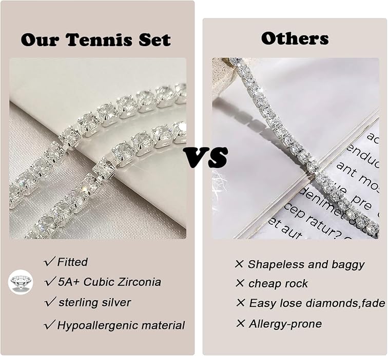 Tennis Necklace Bracelet for Women, Sterling Sliver, Dainty Chocker Necklace, Crystal Bracelet for Women, Wedding Jewelry for Bride, Sparkly Party Prom Hypoallergenic