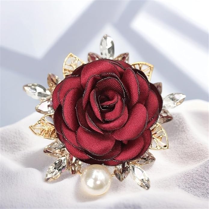 Rose Brooch for Women,Dainty Satin Fabric Flower Lapel Pins Vintage Elegant Pearl Brooches Handmade Crystal Pearl Pins Silk Camellia Safety Collar Pin Dress Suit Accessories Wedding Bridal Bouquet Jewelry