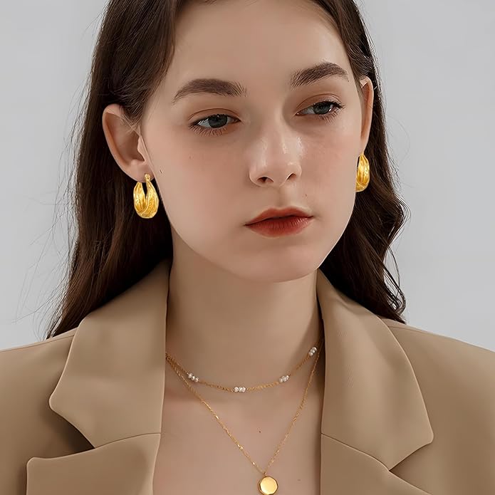 YUJIE Gold Plated Hoop Earrings for Women Brass Earring Chunky Statement Jewelry