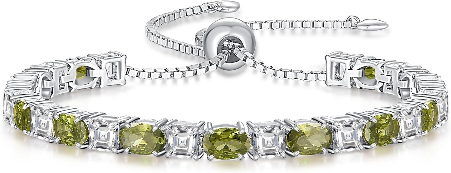 Sterling Silver Birthstone Bracelets for Women White Gold Tennis Bracelets Adjustable Chain 6-9 Inchs Jewelry Hypoallergenic Anniversary Birthday Gifts for Women Mom Wife Her