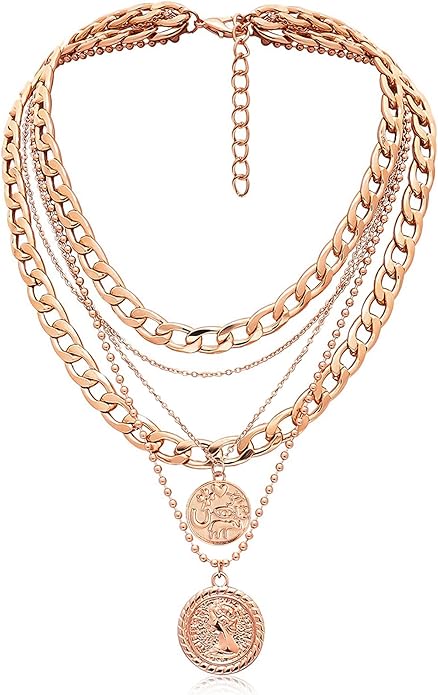 MJartoria Layered Necklaces for Women Trendy Retro Coin Pendant Necklace Dainty Chunky Chain Choker Necklaces for Jewelry Birthday Gifts