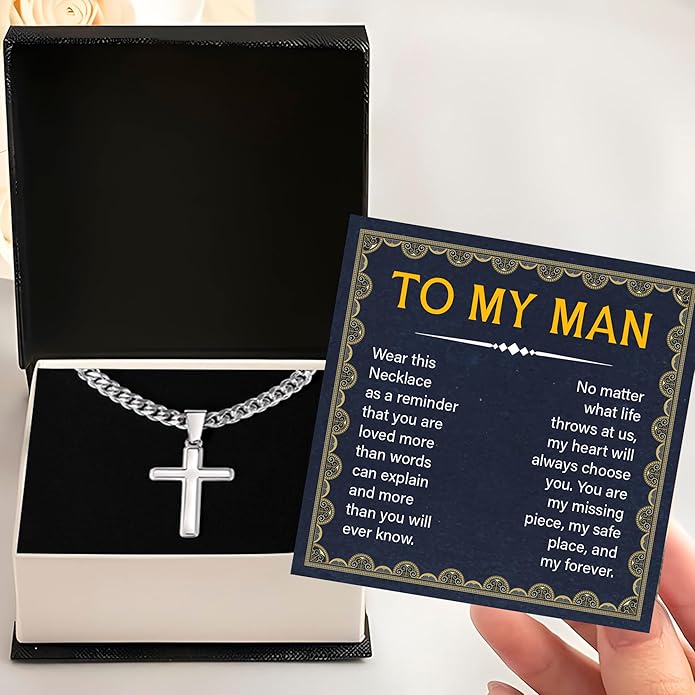 FLAGISTA To My Man Cross Necklace, Stainless Steel Cross Pendant with Adjustable Cuban Link Chain, Meaningful Gift for Him.