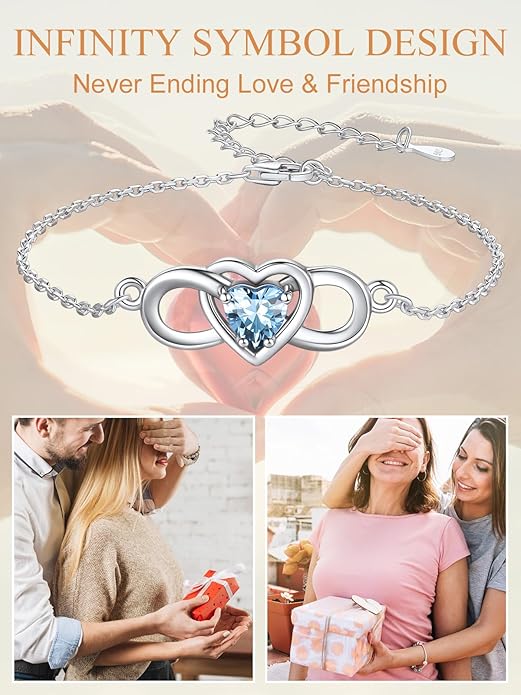 Custom4U Personalized Infinity Love Symbol Link Bracelets for Women 925 Sterling Silver Birthstone Bracelet Adjustable Engraved Chain Christmas Mother's Day Birthday Jewelry Gifts for Mom Her