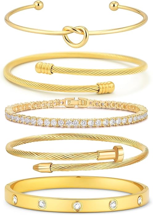 FAFUGA 18 K Gold Plated Love Bangle Bracelet Stack Cuff Jewelry for Women Jewelry Set for Women Gift with Box