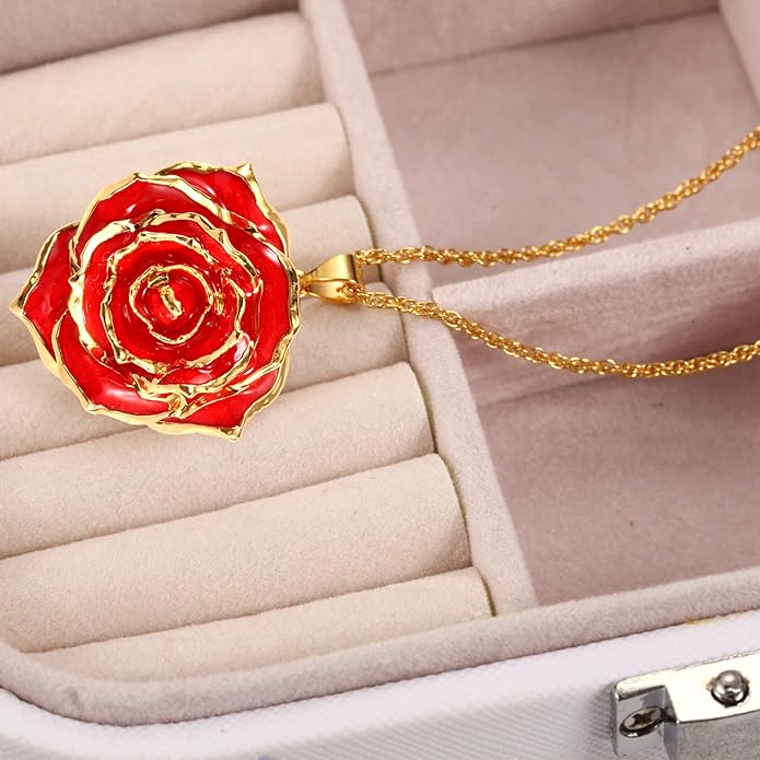 AliveRose Real Rose Gold Dipped Necklace Gifts for Women, 24K Gold Dipped Rose Pendant Necklace Jewelry Mothers Day Anniversaries Birthday Christmas Special Occasions Gifts for Her Mom Wife