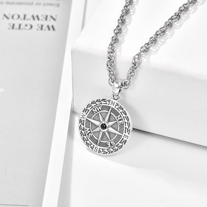 KINGWHYTE Compass Necklace for Men 925 Sterling Silver Birthday Gifts Graduation Travel Jewelry for Husband Brother with Stainless Steel Chain