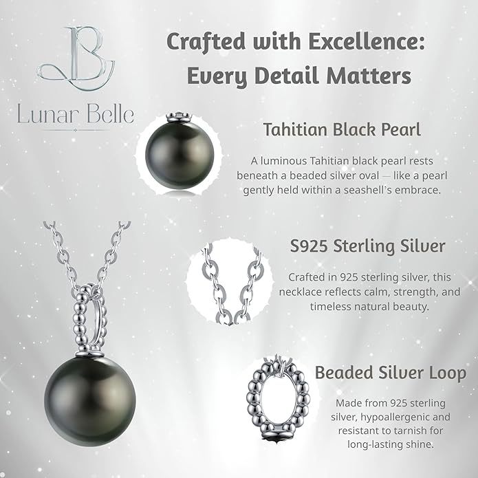Lunar Belle Black Pearl Necklaces for women, Sterling Silver Tahitian Pendant, Jewelry Gift for Mom Birthday Christmas (Mother's Embrace)