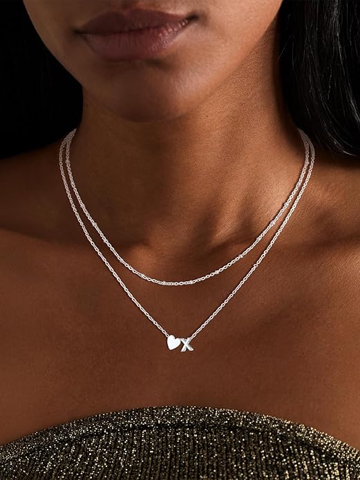 FOCALOOK Layered Initial Necklace for Women, 14K Gold Plated Choker Necklaces Stacks with Initial A-Z, Dainty Silver Heart Pendant Necklace Personalized Birthday Women Jewelry