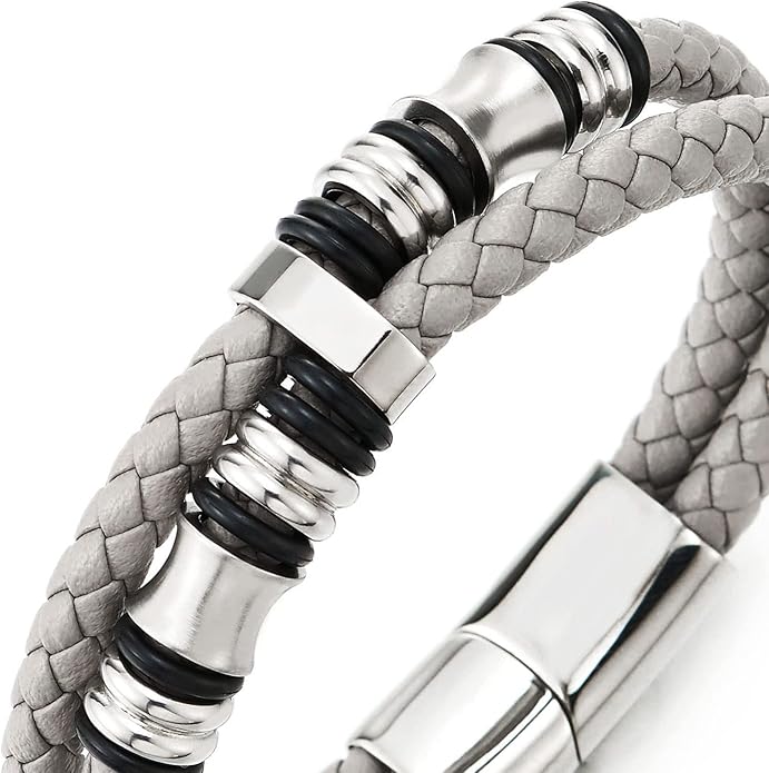 COOLSTEELANDBEYOND Mens Double-Row Braided Leather Bracelet Bangle Wristband with Stainless Steel Ornaments