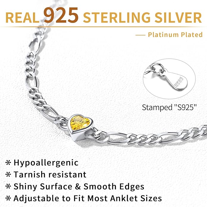 ChicSilver Sterling Silver Anklets Bracelets for Women, Figaro Chain Heart/Round Birthstone Anklet for Women Waterproof, Dainty Herringbone Ankle Bracelet Summer Beach jewelry