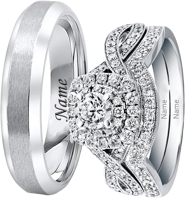 Rikelus Moissanite Engagement Ring Sets for Couples,10K 14K 18K Solid Gold Heart/Princess/Round Cut Bridal Ring Sets,Customized Matching Wedding Bands Set for Men and Women Free Engraving