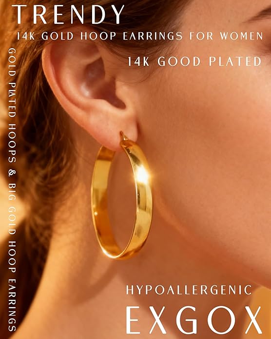 EXGOX 5mm Wide Gold Hoop Earrings for Women,Sterling Silver Hoop Earrings Large Silver Hoop Earrings Hypoallergenic Lightweight 14K Real Gold Plated Big Hoop Earrings for Women 30/40/50/60/70mm