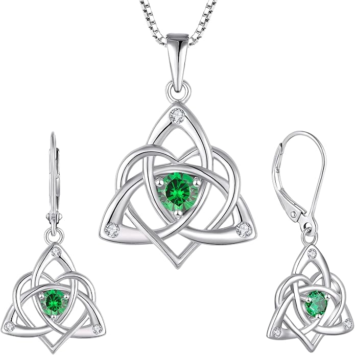 STARCHENIE Celtic Knot Necklace Earrings for Women 925 Sterling Silver Irish Love Knot Pendant May Birthstone Created Emerald Trinity Jewelry Set