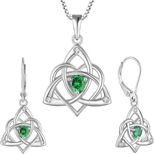 STARCHENIE Celtic Knot Necklace Earrings for Women 925 Sterling Silver Irish Love Knot Pendant May Birthstone Created Emerald Trinity Jewelry Set