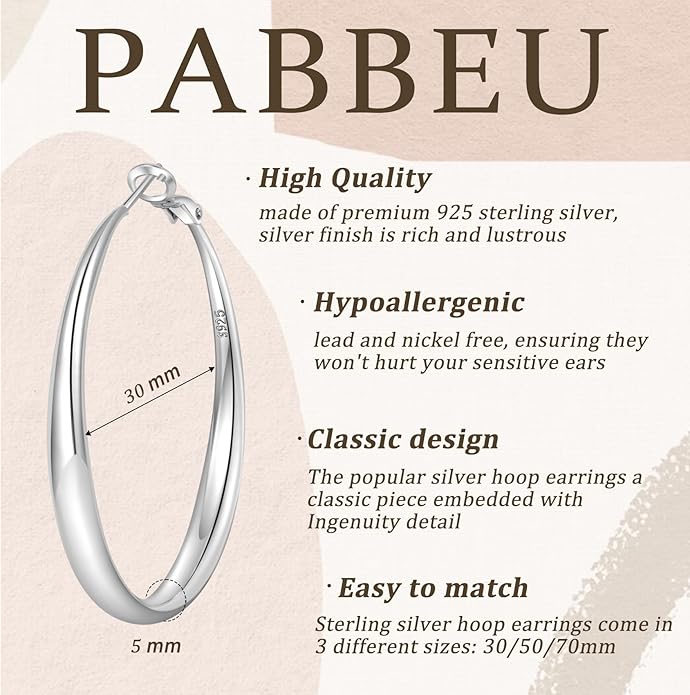 PABBEU S925 SterlingSilver Hoop Earrings Hypoallergenic Silver Hoop Earrings for Women Lightweight Large Sterling Silver Hoops Earring 30/50/70mm