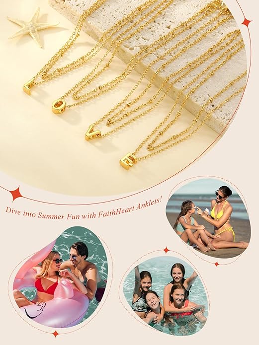 FaithHeart Initial Ankle Bracelets for Women, Waterproof 14k Gold Plated Initial Anklets Non Tarnish Stainless Steel Layered Anklet Summer Beach Foot Jewelry
