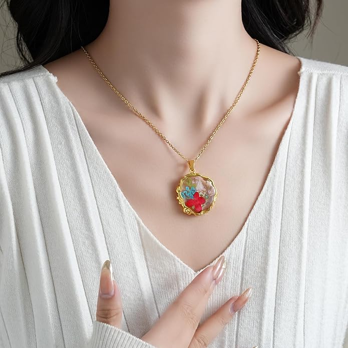 Birth Flower Necklaces for Women,1-12 Month Real Pressed Flower Necklace,Boho-Style Personalized Jewelry, Handmade Floral Pendant,Thoughtful Gift for Christmas,Birthday|18"