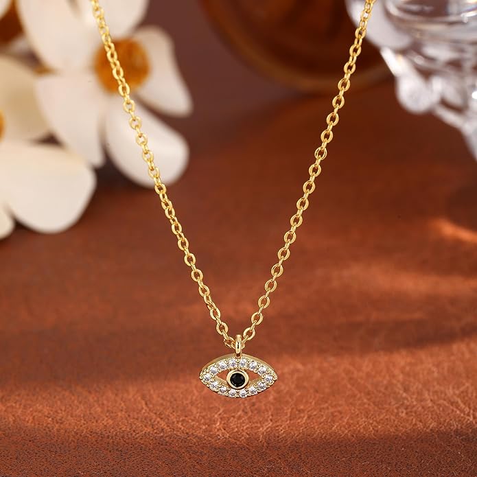 Evil Eye Necklace for Women,Dainty 14K Gold/Sterling Silver Plated Evil Eye Pendant Necklace Tiny Boho CZ Diamond Necklace Cute Trendy Lucky Protection Jewelry Gift for Women