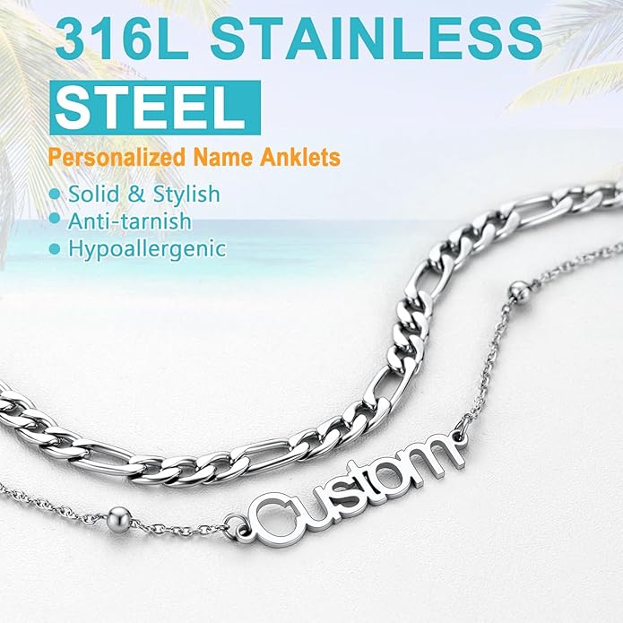 U7 Custom Layered Ankle Bracelets for Women Stainless Steel Bead/Cuban/Figaro/Rope/Wheat Chain Anklet Waterproof Anklet Jewelry for Beach Vacation