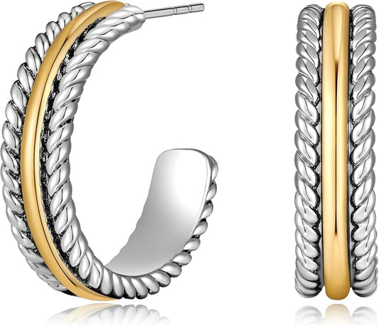 Twisted Cable Hoop Earrings Two Toned Earrings for Women Open C Hoops Chic Mixed Metal Jewelry