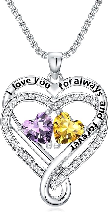 I Love You for Awlays and Forever Double Heart Necklace with Birthstone, 2 Birth Stone Jewelry Anniversary Valentines Mothers Day Christmas Birthday Gifts for Women Her Wife Girlfriend Mom Mother
