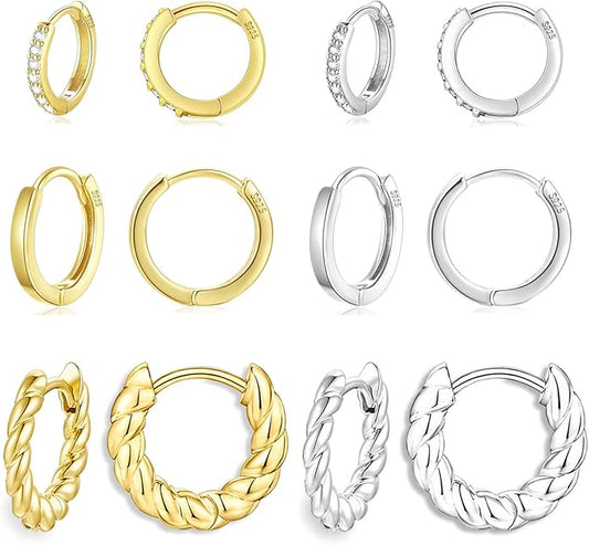 Cocadant 6 Pairs 925 Sterling Silver Small Hoop Earrings for Women,14k Real Gold Hypoallergenic Tiny Cubic Zirconia Cartilage Huggie Earring Sets for Multiple Piercing Trendy Jewelry 8/10/12mm