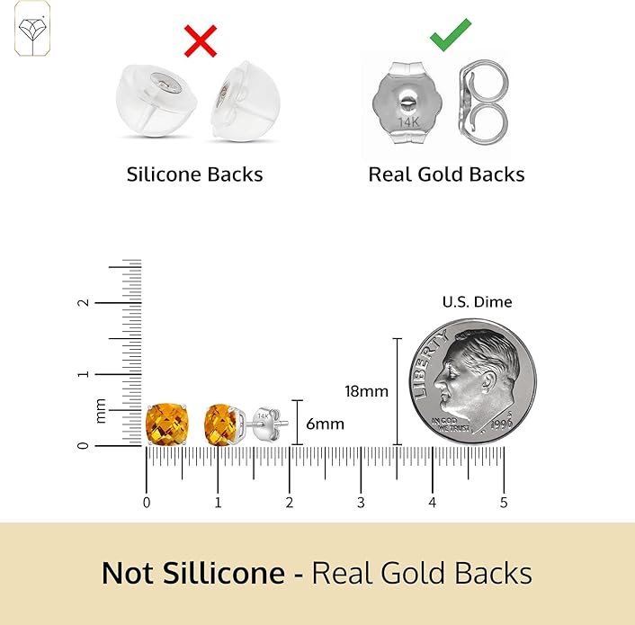 14k Gold 6MM Cushion Cut Stud Gemstone Earrings | Hypoallergenic Solitaire Gemstone Studs with 14K Gold Backs | Lightweight Birthstone Earrings with Gift Box by MAX + STONE